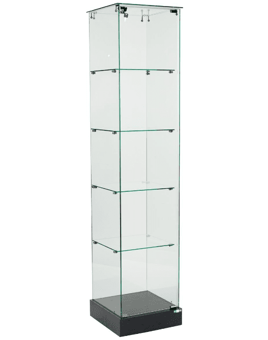 15 inch glass tower display case with sliding doors