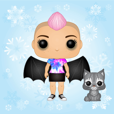 Author created Pop! Yourself avatar from the Pop! Yourself website. This image shows a woman with a pink mohawk, a tie dyed shirt, bat wings, a grey cat and a black skirt with converse shoes.