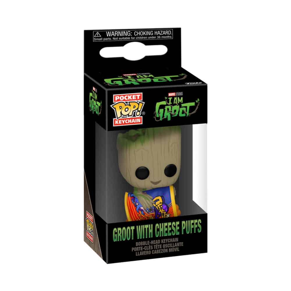 guardians of the galaxy I am groot with cheese puffs funko pocket pop keychain